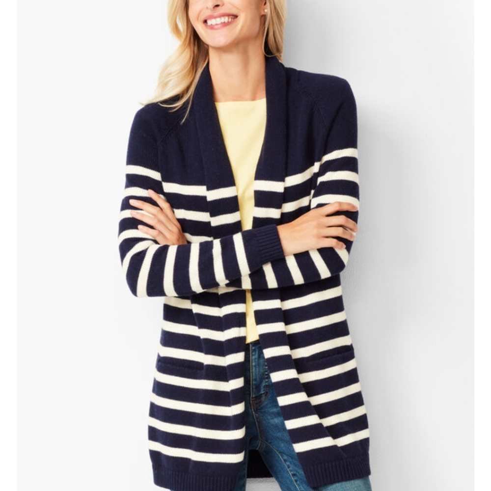 Talbots stripe shawl collar duster, PL, navy & white stripe